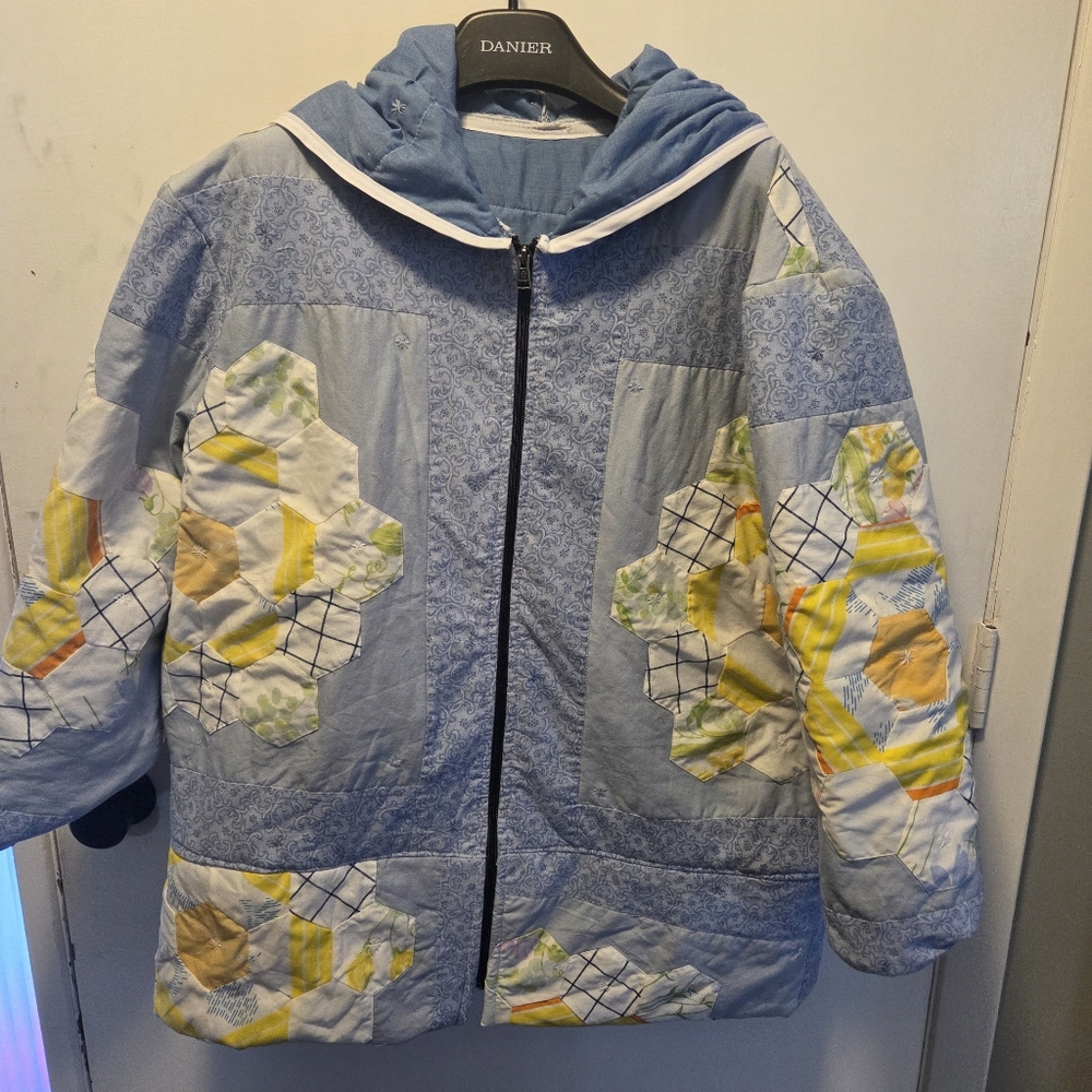 Handmade Upcycled Quilted Jacket / Hoodie - Blue and Yellow L/XL